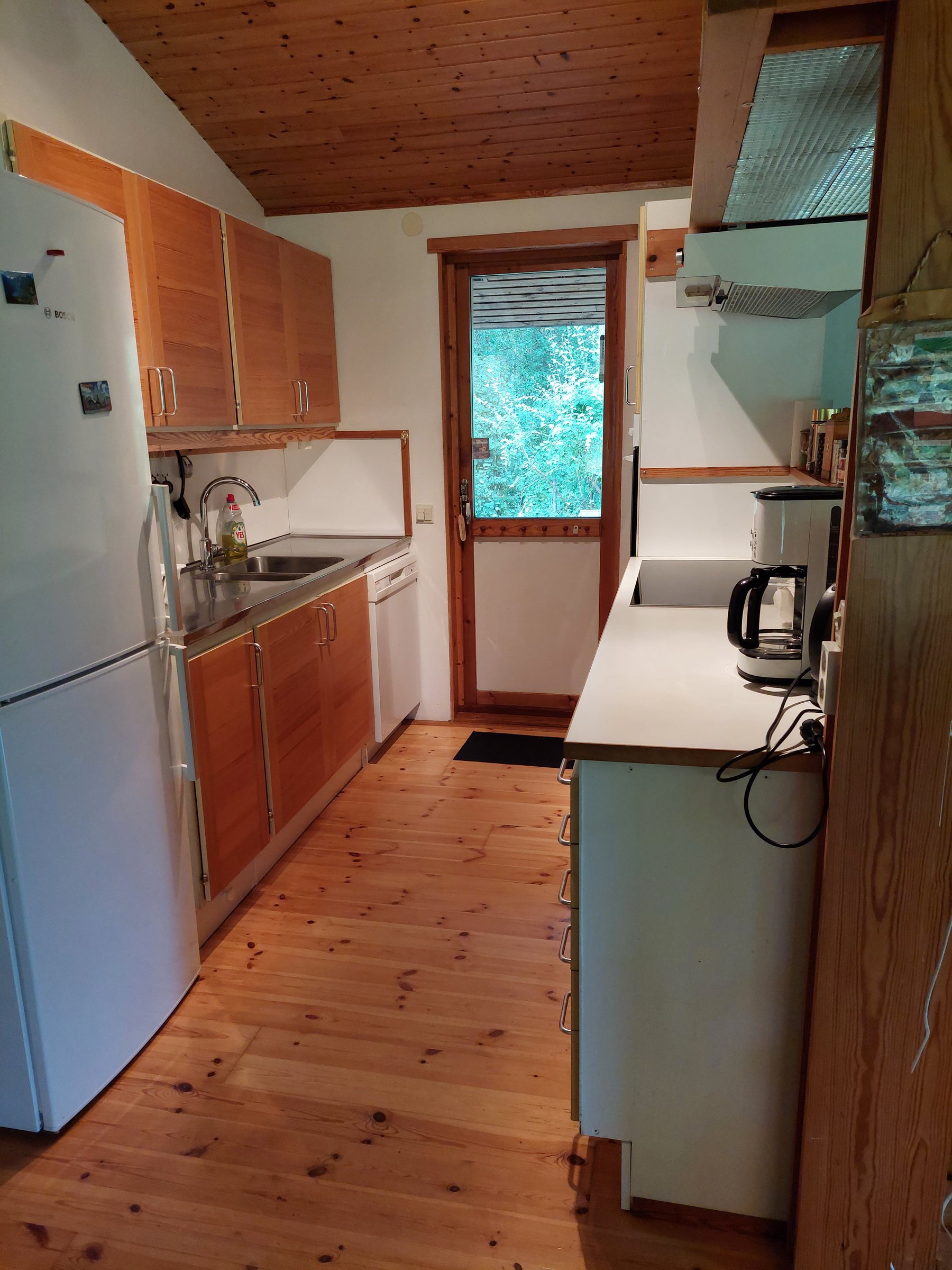 Full timber kitchen with forest-facing window and wood cabinetry